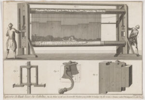 Vue du Metier monte avec la nouvelle Machine pour faciliter le bandagedes fils et avec 2 hommes seulmt. Developpemt de cette machi..