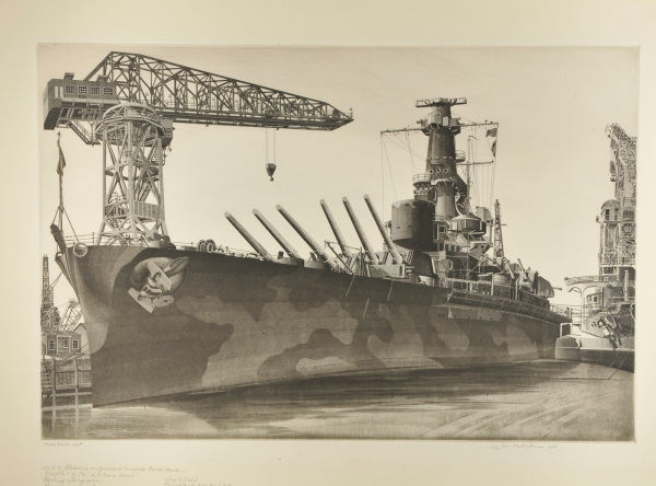 BATTLE WAGON, U.S.S. ALABAMA OUTFITTING AT NORFOLK NAVY YARD, CRANE SHIP KEARSAGE ALONGSIE, 1942