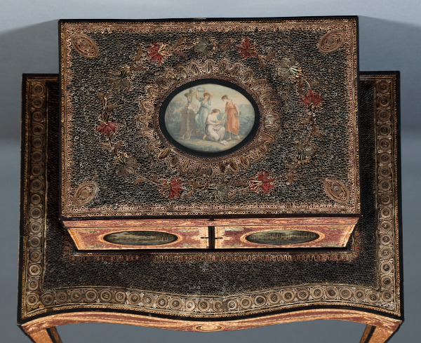 Paper Filigree Cabinet on Stand with Hairwork and Watercolor Panels - Image 3