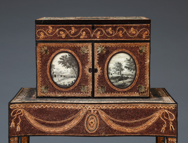 Paper Filigree Cabinet on Stand with Hairwork and Watercolor Panels - Image 2