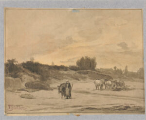 Farm Landscape with Maid and Cow, Farm Wagon Behind