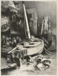 Bateaux de pêche à marée basse dans le port de Caen