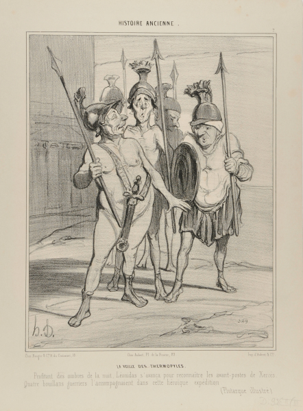 EVE OF THE BATTLE OF THERNOPYLAE. TAKING ADVANTAGE OF THE SHADOWS OF THE NIGHT, LEONIDAS ADVANCED TO RECONNOITRE THE VANGUARD OF XERXES. FOUR FERVENT WARRIORS ACCOMPANIED HIM ON THIS HEROIC EXPEDITION. (ILLUSTRATED PLUTARCH)