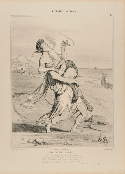 ABDUCTION OF HELEN. / PARIS, WHO HAD WORN HIMSELF OUT, / WAS JUST GOOD FOR NOTHING BUT KRAUT. / HELEN KNEW IT AND IN HER STRONG ARMS / SHE CARRIED HIM CLOSE TO HER CHARMS. / (ENEIS, DISGUISED BY MR. PATIN)