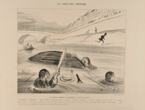 Une nouvelle manière de descendre le fleuve de la vie. / – Brigand de Radiguet!.. que le diable t’emporte avec ta voile à nouvelle invention… elle est cause que notre partie est tombée dans l’eau!.. – Eh ben ne voilà-t-il pas de quoi pousser des cris de feu! moi je suis seulement véxé contre mon bottier… vlà mes bottes qui prennent l’eau par les poches de mon pantalon!….. - Image 2