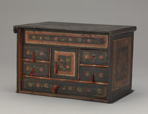 Small Chest with Drop Front (detached) and Six Drawers; Painted with Flower Patt - Image 17