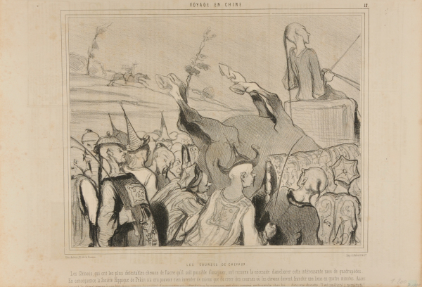 Les Courses De Chevaux. Les Chinois, qui ont les plus détestables chevaux de fiacre qu’il soit possible d’imaginer, ont reconnu la nécessité d’améliorer cette intéressante race de quadrupèdes. En conséquence la Société Hippique de Pékin n’a cru pouvoir rien inventer de mieux que de créer des course où les chevaux doivent franchir une lieue en quatre minutes. Assez souvent le cheval arrive à son but, mais jamais la société d’encouragement, attendu que le vainqueur est alors ramené en triomphe chez lui… dans une charrette. Il est amélioré à perpétuité! - Image 4