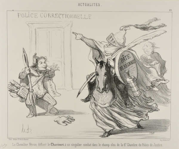 CHEVALIER VÉRON DEFYING THE CHARIVARI FOR A SHOWDOWN IN THE COURT OF THE SIXTH CHAMBER AT THE PALAIS DE JUSTICE