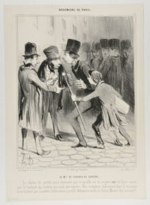 Le Md. de Chaines de Suretés. La chaîne de sureté ainsi nommée parce qu’elle est un moyen sûr de faire savoir que le badaud qui l’achète possède une montre. Des compères stationnent dans le voisinage et ne tardent pas à mettre l’indication à profit. Bertrand a vendu la chaîne, Macaire fait la montre.