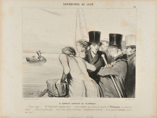 Le Dernier Chapitre du Telemaque. – Tiens tiens!… Mr. Badoulard regardez donc… notre Anglais qui au lieu de sauver le Télémaque se sauve lui même!… – Ne m’en parlez pas….. nous voilà comme le vaisseau…. complètement enfoncés!.. et nos pauvres actions sont à vau l’eau!…. - Image 4