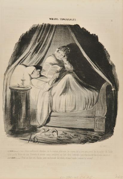 Le Mari (lisant): “nous étions mollement étendus sur la mousse odorante, les rayons de la lune perçaient les branches du Saule agité par la Brise du soir. Enivrés d’amour nous lançions au Ciel des Sermens qui retombaient dans nos coeurs.” La femme (à part): Peut-on lire ces choses avec un bonnet de coton, et une boule comme la sienne!….. - Image 3