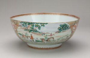 English Market Punch Bowl Decorated with Hunting Scenes