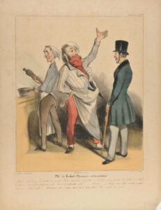 Mr. de Robert-Macaire restaurateur. Nous exploiterons la carotte en grand! Nous servirons le potage en voiture, nous aurons des tables sur toutes les bornes, nous ferons pleuvoir dans Paris les allouettes roties…… Nous ….. Avez-vous déjà réalisé quelque chose de ce beau projet ? – Comment donc ! mais sans doute, sans doute ! j’ai réalisé les actions.