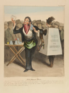 Robert-Macaire Libraire. Messieurs et Dames y aurait-il dans cette aimable localité quelqu’un qui voudrait se faire un fort joli revenu sans peine et sans travail ?… S’il en est un, qu’il prenne en dépôt mes abécédaires….. C’est une spécialité pour laquelle il n’est pas besoin d’être libraire, pas besoin d’être connaisseur, pas besoin de savoir lire, au contraire ! – Il suffit de me verser un cautionnement….. Les plus gros sont les meilleurs, comme dit la chanson.