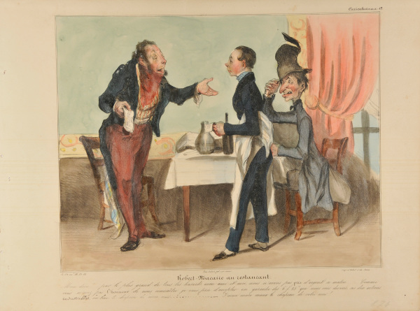 Robert-Macaire au restaurant. Mon dieu !… par le plus grand de tous les hasards, mon ami et moi, nous n’avons pas pris d’argent ce matin ……. Comme vous n’avez pas l’honneur de nous connaître je vous prie d’accepter en garantie des 6 f. 25 c. que nous vous devons, ces dix actions du journal la Presse, ou bien le chapeau de mon ami…. – J’aime encore mieux le chapeau de votre ami ! - Image 4