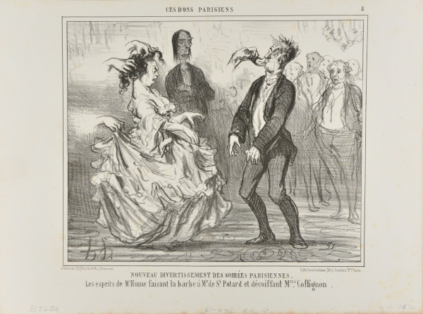 NEW ENTERTAINMENT AT THE PARISIAN EVENING PARTIES. THE SPIRIT OF MR. HUME SHAVING THE BEARD OF MONSIEUR DE ST. POTARD AND UNDOING THE HAIR OF MADAME COFFIGNON.