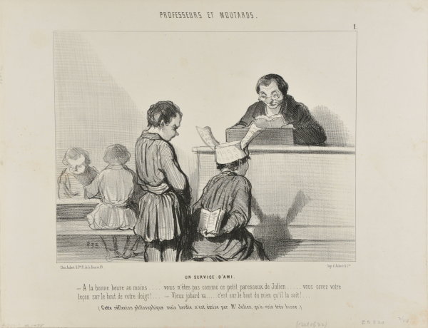 Un Service D’Ami. A la bonne heure au moins…. vous n’êtes pas comme ce petit paresseux de Julien… vous savez votre leçon sur le bout de votre doigt!… – Vieux jobard va… c’est sur le bout du mien qu’il la sait!… (Cette réflexion philosophique mais hardie n’est émise par Mr. Julien qu’à voix très basse). - Image 4