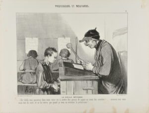 La Vieille Méthode. – Ah! drôle, vous passerez donc toute votre vie à mettre des queues de papier au séant des mouches!…. avancez moi votre main tout de suite, et ne la retirez que quand je vous en octroirai la permission!….