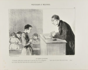 La Leçon D’Histoire. – Comment, drôle, vous ne savez pas le nom des trois fils de Dagobert… mais vous ne savez donc rien de rien….. mais vous voulez donc être toute votre vie un être inutile à la société!….