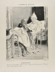 7 Heures du Matin. Réveil de Mr. Coquelet. Minette et Azor se disputent le baiser paternel: Mr. Coquelet sourit à cette touchante rivalité.