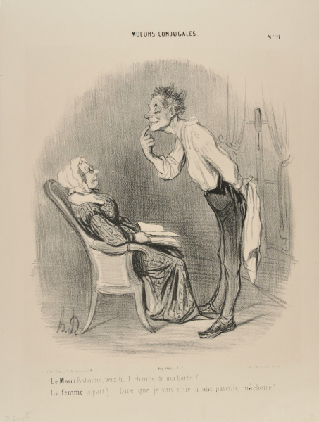 HUSBAND: MY DEAR, HOW ABOUT A FIRST KISS ON MY CHIN? THE WIFE (ASIDE): TO THINK THAT I AM MARRIED TO THIS FACE!