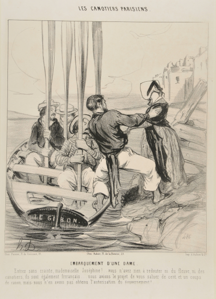 Embarquement d’une Dame. Entrez sans crainte, mademoiselle Joséphine!.. vous n’avez rien à redouter ni du fleuve, ni des canotiers, ils sont également frrrançais… nous avions le projet de vous saluer de cent et un coups de canon, mais nous n’en avons pas obtenu l’autorisation du gouvernement!… - Image 2