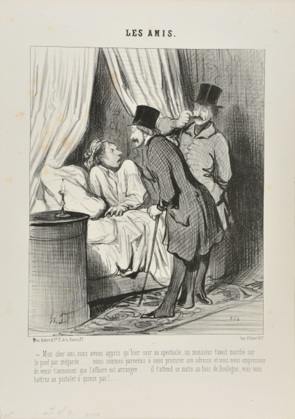 MY DEAR FRIEND, WE HAVE LEARNED YESTERDAY AT THE THEATRE THAT A GENTLEMAN HAS INADVERTEDLY STEPPED ON YOUR FOOT.... WE HAVE COME TO GET HIS ADDRESS AND WE ARE EAGER TO ANNOUNCE THAT THE AFFAIR IS ARRANGED.... HE IS WAITING FOR YOU THIS MORNING IN THE BOIS DE BOULOGNE. YOU WILL RAISE PISTOLS AT A DISTANCE OF 15 PACES.