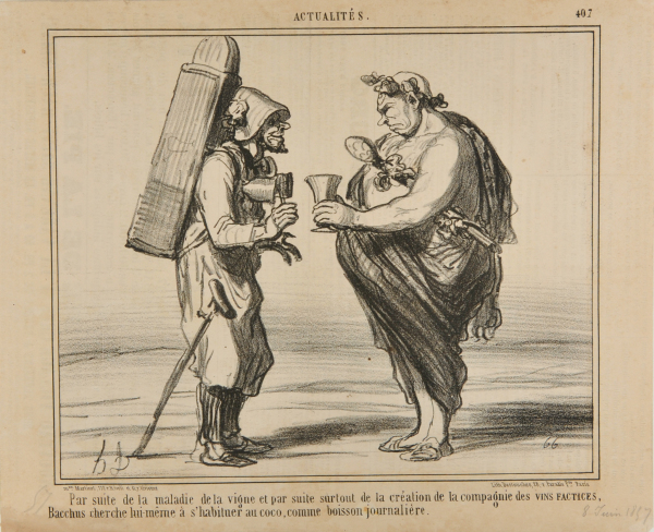 AS A CONSEQUENCE OF THE WINE DISEASE BUT ALSO BECAUSE OF THE FOUNDATION OF THE "SOCIETY FOR THE PRODUCTION OF ARTIFICIAL WINE", EVEN BACCHUS DECIDES TO SWITCH TO LIQUORICE WATER AS A DAILY DRINK.