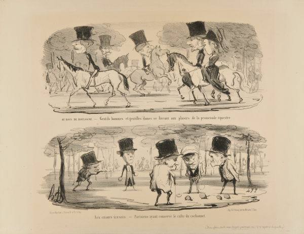 Au Bois de Boulogne.- Gentils hommes et gentilles dames se livrant aux plaisirs de la promenade équestre. — Aus Champs-Élysées. – Parisiens ayant conservé le culte du cochonnet. - Image 2