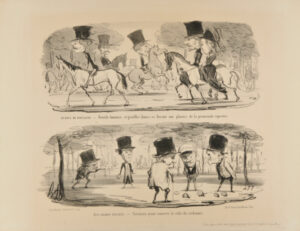 Au Bois de Boulogne.- Gentils hommes et gentilles dames se livrant aux plaisirs de la promenade équestre. — Aus Champs-Élysées. – Parisiens ayant conservé le culte du cochonnet.