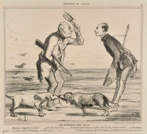 Des Chasseurs Trop Polis. – Madame Coquelet va bien?… – vous êtes bien bon….. Madame votre tante ne souffre plus de son rhume de cerveau?… – radicalement guérie…. et votre santé est toujours satisfaisante?… etca…. (Pendant ce temps, les perdreaux continuent à jouir également de la plus florissante santé.)