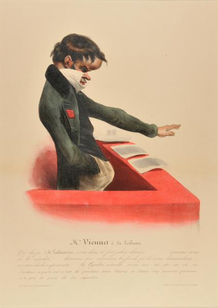 MR. VIENNET AT THE ROSTRUM. WHAT DO I SAY! (MR. LABOISSIÈRE, YOU DO SAY THE NICEST THINGS!)…. LET US BE GREEDY... LET US GIVE THE MINISTERS THE FUNDS THAT THEY REQUIRE AND LET'S VOTE FOR REPRESSIVE LAWS. THE PRESENT LEGALITY IS KILLING US ETC. ETC. THE SPEAKER HAS CARRIED ON IN THIS TONE FOR THREE HOURS AND 35 MINUTES AND NO ONE HAS BOTHERED ANSWERING HIM.