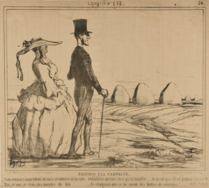 Parisiens à la Campagne. – Nous sommes imprudents de nous aventurer de la sorte….. voilà là-bas quelque chose qui m’inquiète….. je ne sais pas s’il est prudent d’avancer…. – Mais, ce sont, je crois, des meules de blé….. – Je craignais que ce ne soient des huttes de sauvages!…..