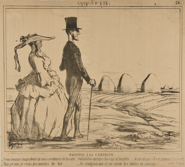 Parisiens à la Campagne. – Nous sommes imprudents de nous aventurer de la sorte….. voilà là-bas quelque chose qui m’inquiète….. je ne sais pas s’il est prudent d’avancer…. – Mais, ce sont, je crois, des meules de blé….. – Je craignais que ce ne soient des huttes de sauvages!….. - Image 4