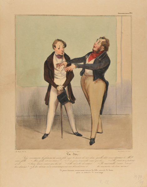 La dot. .…. Vous connaissez la fortune de mon fils, ayez la bonté de me dire quelle dot vous donnez à Melle. votre fille… – Ma fille est un trésor !… – J’en suis persuadé, mais que lui….. – Ella vaut son pesant d’or….. – Sans doute, mais que lui do…. – Elle est riche de vertus…… – A merveille ! mais vous lui donnez ?.. – Je lui donne mon consentement, ma bénédiction et ….. la manière de s’en servir. Le jeune homme, amoureux, épouse la fille, nourrit le beau père et maudit le mariage. - Image 4