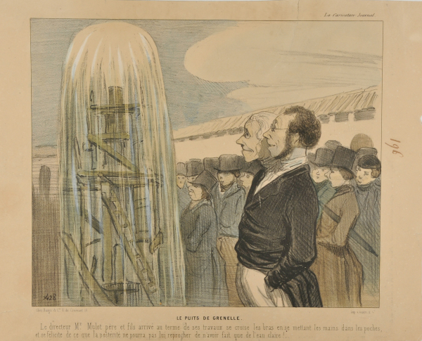 THE GRENELLE WELLS. THE DIRECTOR MR. MULOT AND HIS SON FINALLY REACHING THE END OF THEIR WORK, CROSSING THEIR ARMS AND PUTTING THEIR HANDS INTO THEIR POCKETS AND CONGRATULATING THEMSELVES THAT POSTERITY WILL NOT BE ABLE TO REPROACH THEM OF NOT HAVING PRODUCED CLEAN WATER.
