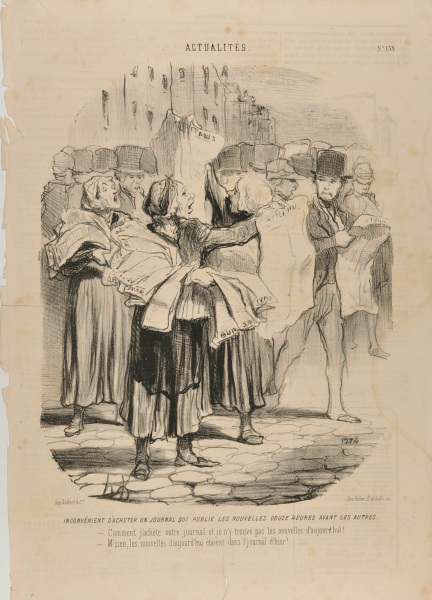 Inconvénient d’acheter un journal qui publie les nouvelles douze heures avant les autres. – Comment j’achète votre journal et je n’y trouve pas les nouvelles d’aujourd’hui! – M’sieu, les nouvelles d’aujourd’hui étaient dans l’journal d’hier!…. - Image 2