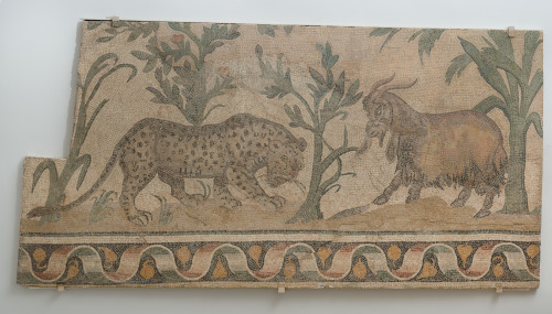 Fragment of a floor mosaic depicting a leopard and a goat