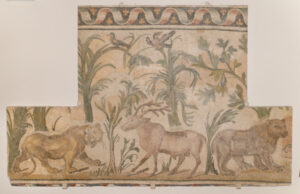 Fragment of a floor mosaic depiciting a lioness, a stag, and a bear