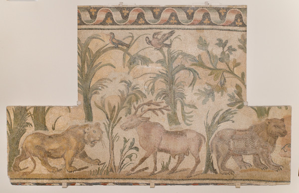 Fragment of a floor mosaic depiciting a lioness, a stag, and a bear