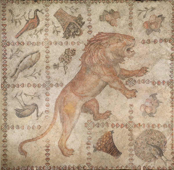 Fragment of floor mosaic depicting a striding lion, birds, and crops - Image 3