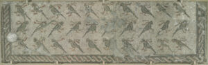 Fragment of floor mosaic depicting beribboned parrots