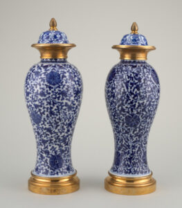 Covered Vase Decorated with Overall Flower and Vine Scroll Motif and Mount