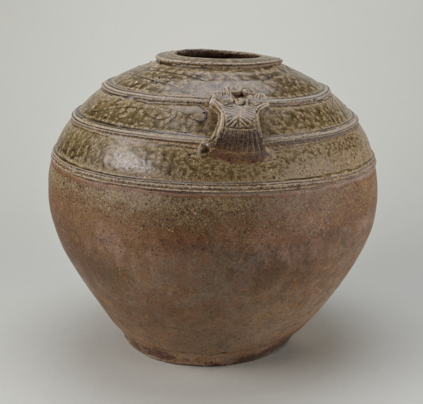 Storage Vessel with Incised Scroll Design and Mask Handles - Image 2