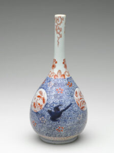 Sake Bottle Decorated with Floral Roundels, Swallows and Blossoms on Waves