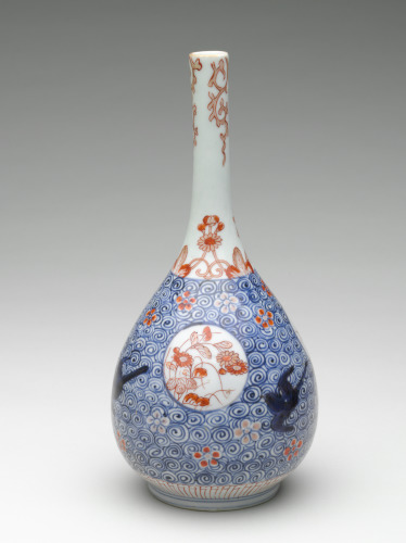 Sake Bottle Decorated with Floral Roundels, Swallows and Blossoms on Waves - Image 2