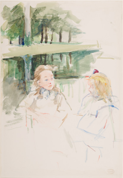 AUGUSTA'S DAUGHTER AND A FRIEND SEATED NEAR A RIVERBANK