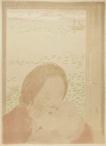 Mother Holding Baby with Seascape Background