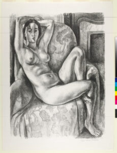 Nude with Blue Cushion next to a Fireplace