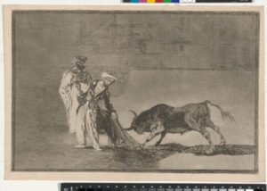 Los moros hacen otro capeo en plaza con su alborez (The Moors make a different play in the ring calling the bull with their burnous)